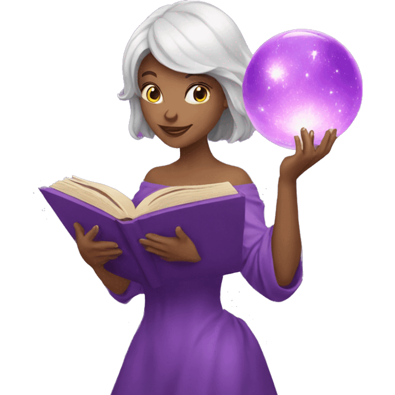 woman with magic book and purple magic sphere emoji