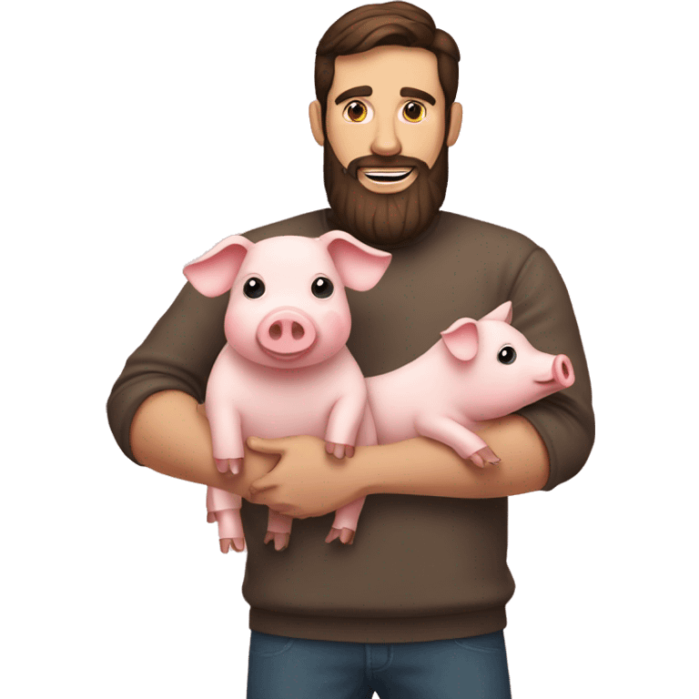 Brunette man with beard holding a pig in one hand and bacon in another hand  emoji