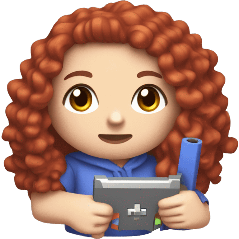 a white girl with long red curly hair, wearing periwinkle Minecraft hoodie playing a videogame emoji