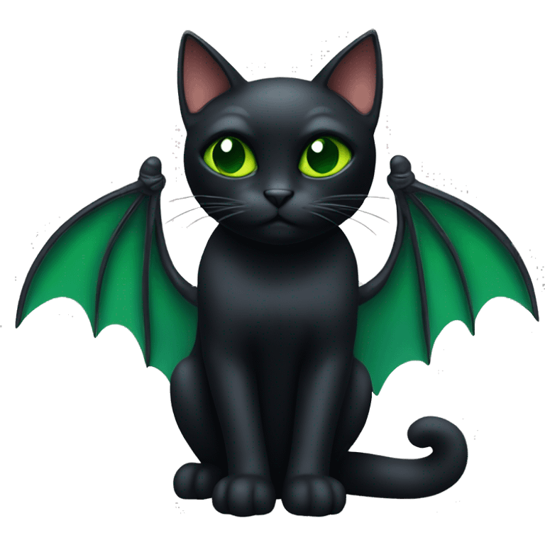 Black cat with bat wings and green eyes emoji