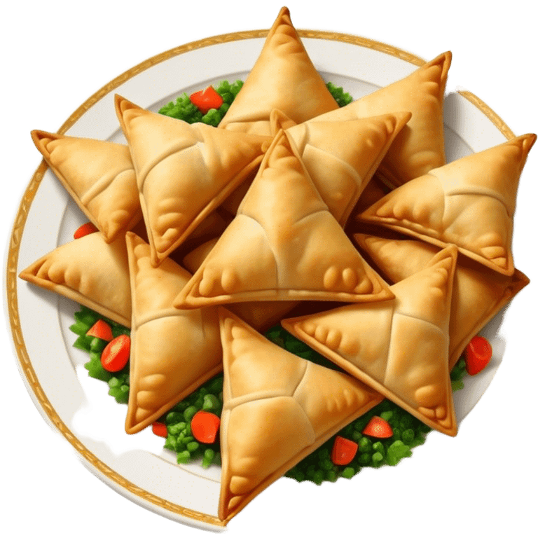 Cinematic Realistic Samosas Dish Emoji, depicted as golden, crispy pastry pockets filled with spiced vegetables rendered with detailed textures and appetizing lighting. emoji