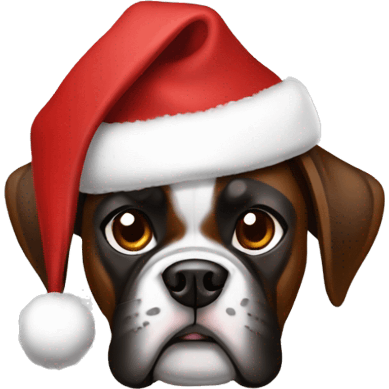 Dark brown streamed boxer dog with Christmas hat emoji