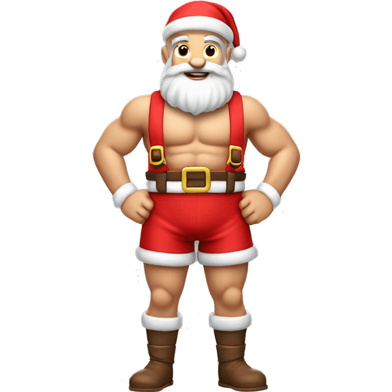 “An athletic, muscular Santa Claus figure with brown hair, wearing only bright red boxer shorts supported by suspenders. Render as a simplified emoji-style character, with minimal shading, a cheerful expression, and a clean, cartoon-like appearance.” emoji