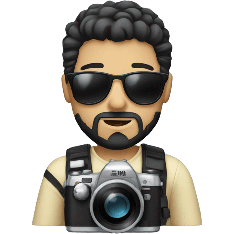 white skin photographer holding a camera with sunglasses and a goatee and blackhair emoji