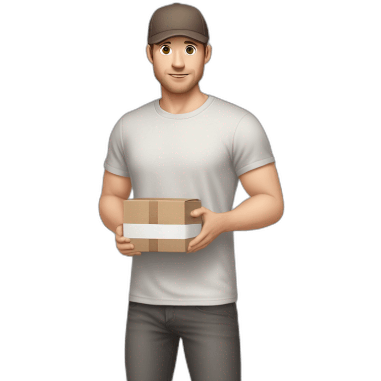 Pale skinned fit Man with dark brown hair in a light gray cap, dark brown jeans, brown polo and white T-shirt keeping a pasted with tape white box into his hands emoji