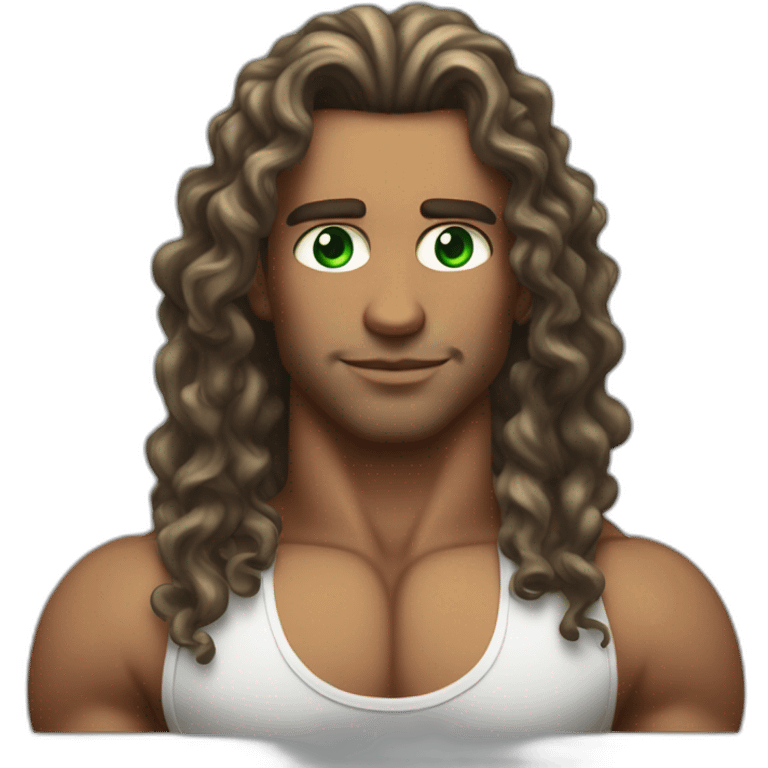 Bodybuilder with green eyes and long brow curly hair model face etc rizz god  emoji