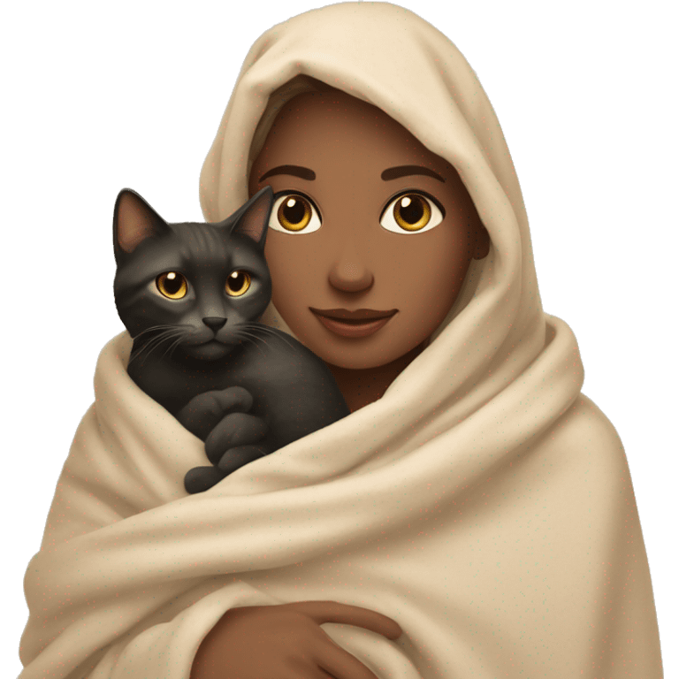 pretty woman petting cat in beige blanket emoji