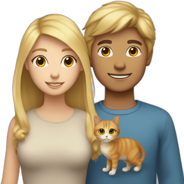 blonde-haired girl and brown-haired boy with a cat emoji