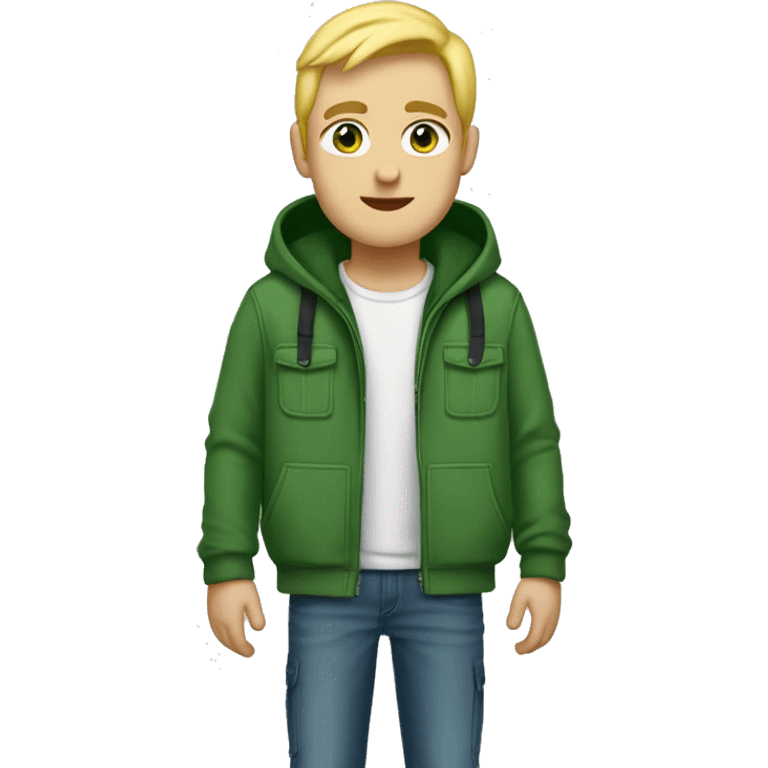 A tall guy with blonde hair, a little bit chubby but not much, green eyes, green cap and green hoodie with cargo jeans black emoji