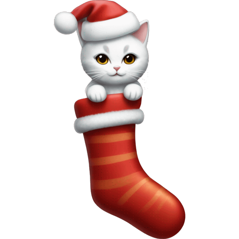 light red stocking with snowflakes on it and a small white cat poking out of the stocking and a candy cane beside the cat emoji