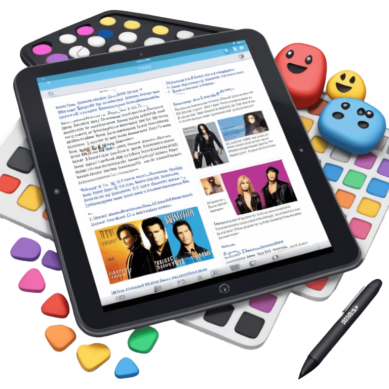 Create an emoji representing fanfiction writing. The design should feature a tablet with a screen displaying images of rock and movie stars, symbolizing the inspiration from popular culture. Next to the images, there should be visible text representing the fanfiction being written. A stylus should be placed near the tablet to emphasize the act of writing. Use a creative and expressive color palette with vibrant and neutral tones. Do not include any emojis or smiley faces. Make the background transparent. emoji