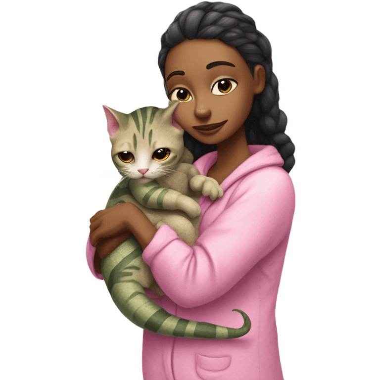 Reptilian alien woman in pink pajamas, hugs a tabby cat emoji