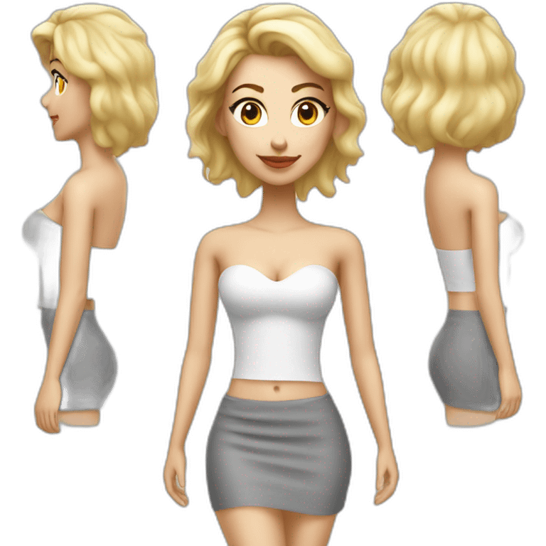 hyperrealistic caucasian long blonde woman white v-neck strapless gray tight mini skirt emoji