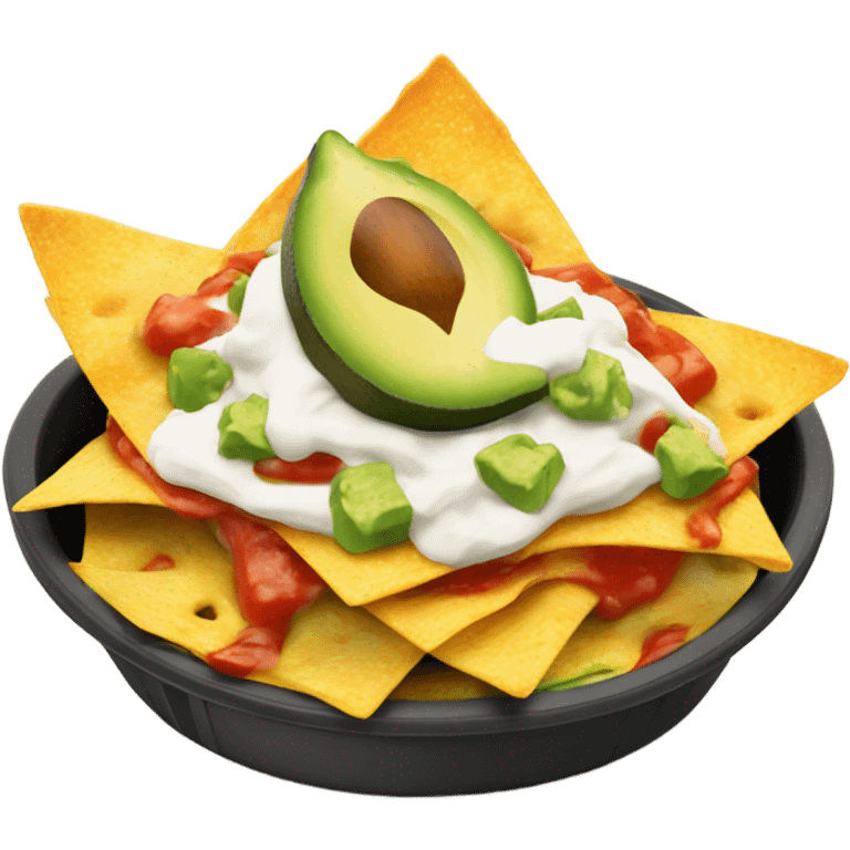 Nachos with melted cheese and guacamole and sour cream and salsa ontop emoji