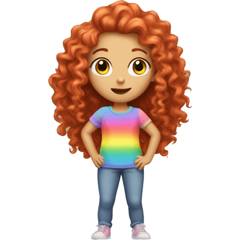 white girl with long red curly hair, wearing a pastel rainbow shirt doing a pose emoji