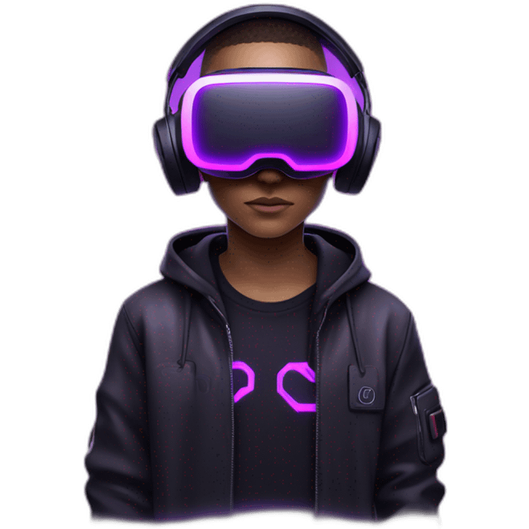 Cyberpunk style. Violet neon. boy with white-light skin in the black hoody with violet OMG VR logo on it wearing vr headset oculus quest 2 emoji