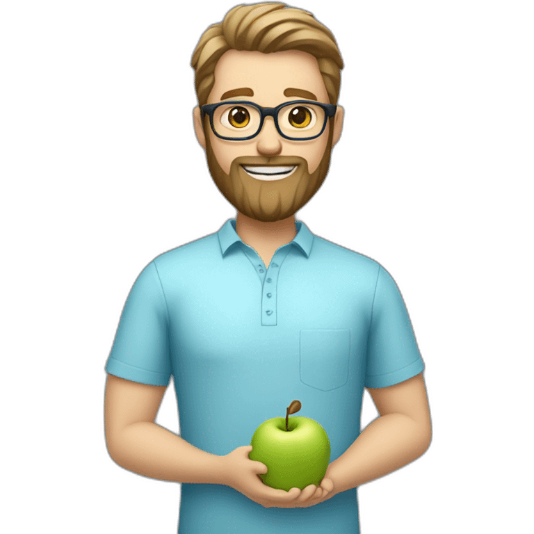 A male nutritionist with a full beard and dark blonde hair and white skin and glasses holding an apple in his hand. Who has a light blue shirt on. emoji