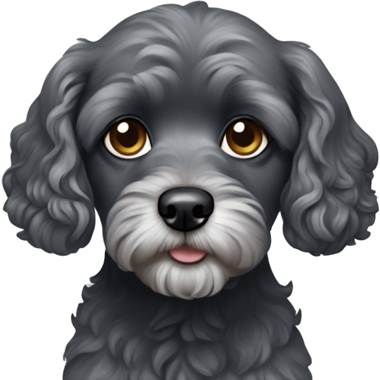 Dark grey cavapoo dog with navy eyes emoji