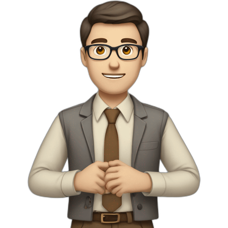 To belt Actively gesturing with hands Pale skinned fit man teacher with dark brown hair in gray jacket, beige office shirt, brown tie, brown pants and vintage glasses. emoji