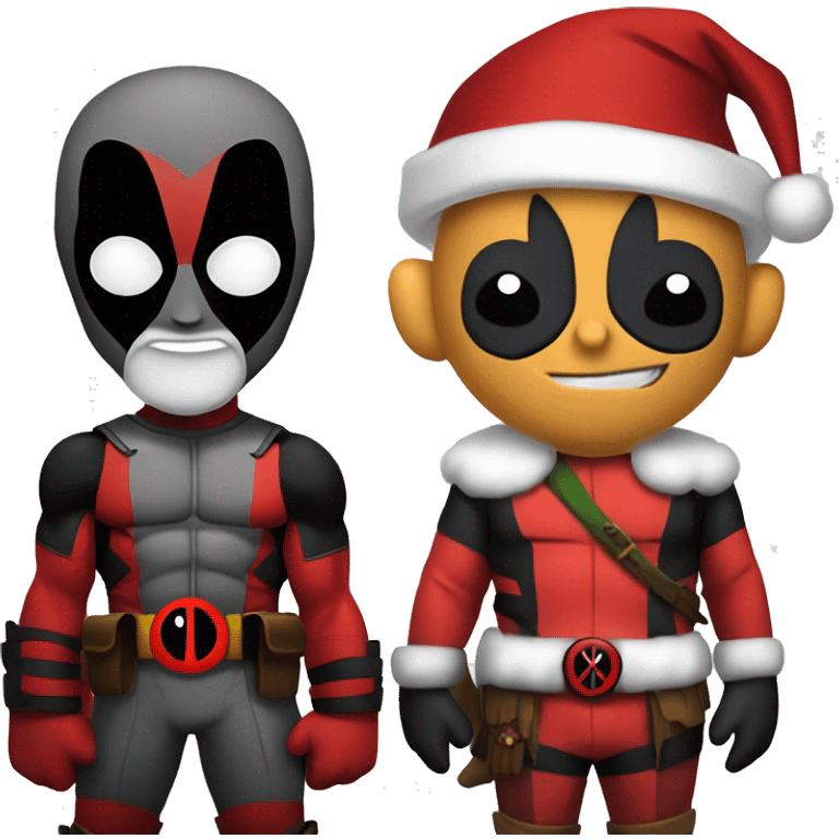 Deadpool as Santa standing next to Wolverine as an elf  emoji