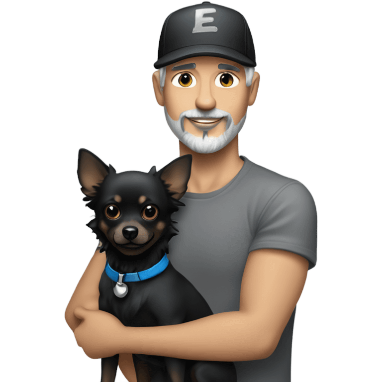 Handsome man with blue eyes wearing ball cap with grey hair and goatee beard holding all black long haired chihuahua emoji