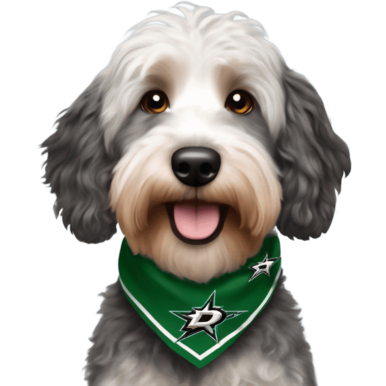 Multicolored Aussiedoodle wearing a bandana with the NHL Dallas Stars hockey team logo emoji