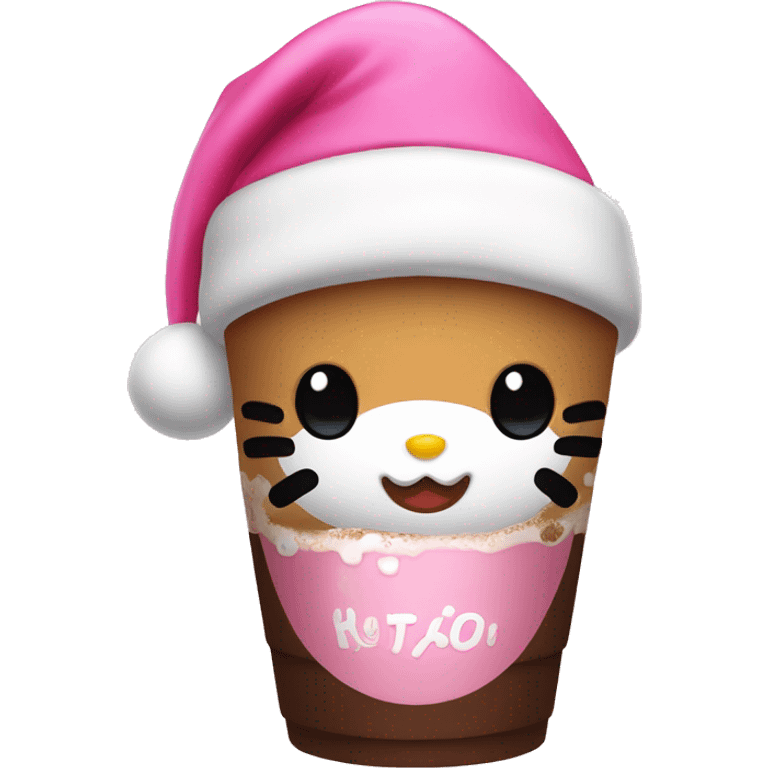 Hello kitty with a pink Santa hat holding hot chocolate emoji