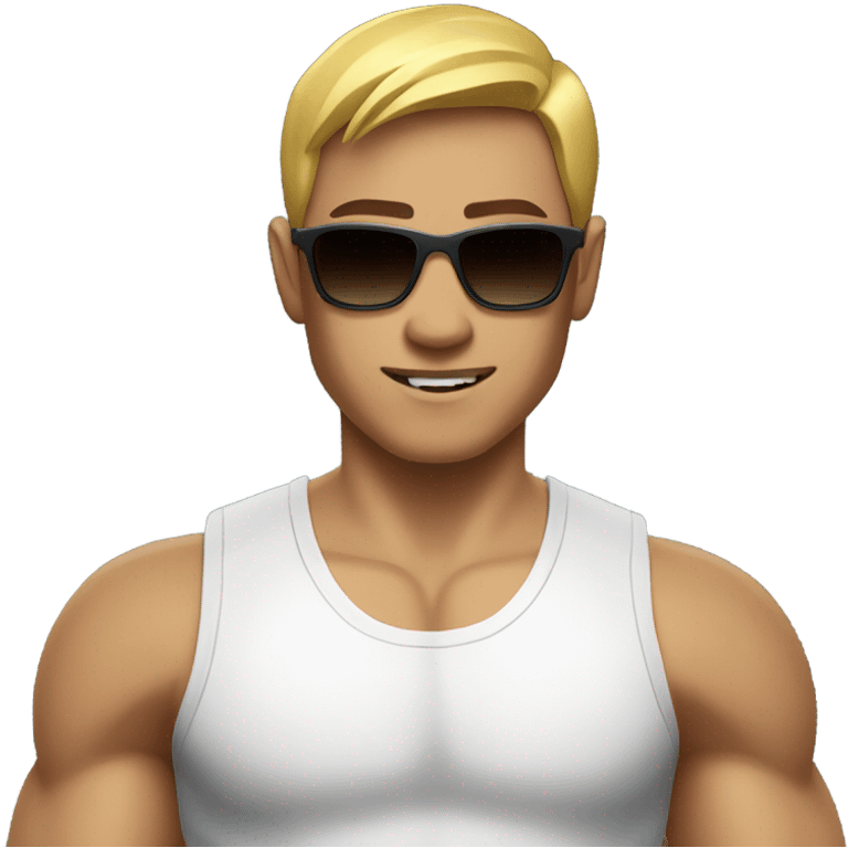 muscular asian personal trainer short golden hair with sunglasses white vest emoji