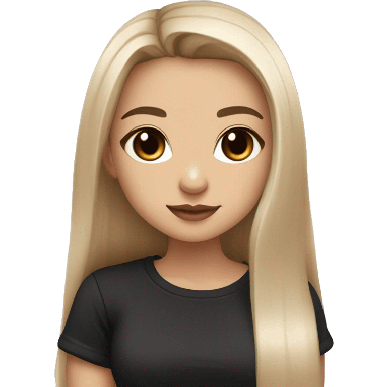 Slavic girl, light skin, long eye lashes, pink beige lips, brown eyes, long black-to-blonde ombre straight hair, black T-shirt, chibi, smiling. emoji