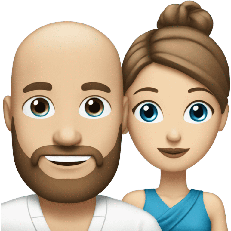 Bald man with beard and long straight brown haired woman with blue eyes  having a tea Time  emoji