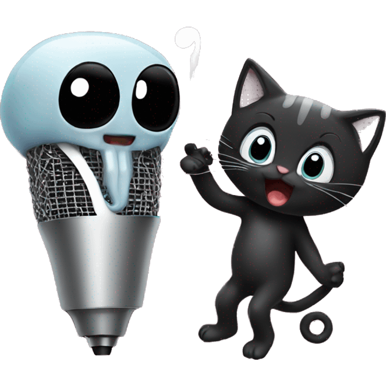 A squid and a black kitten singing karaoke emoji