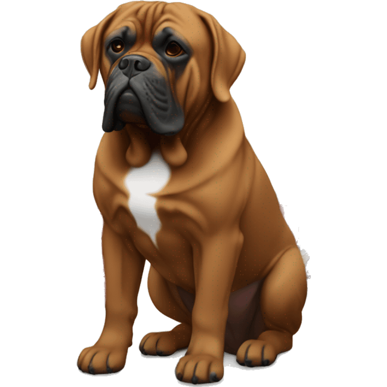 Black masked Dogue de Bordeaux in Front of a christmas tress emoji