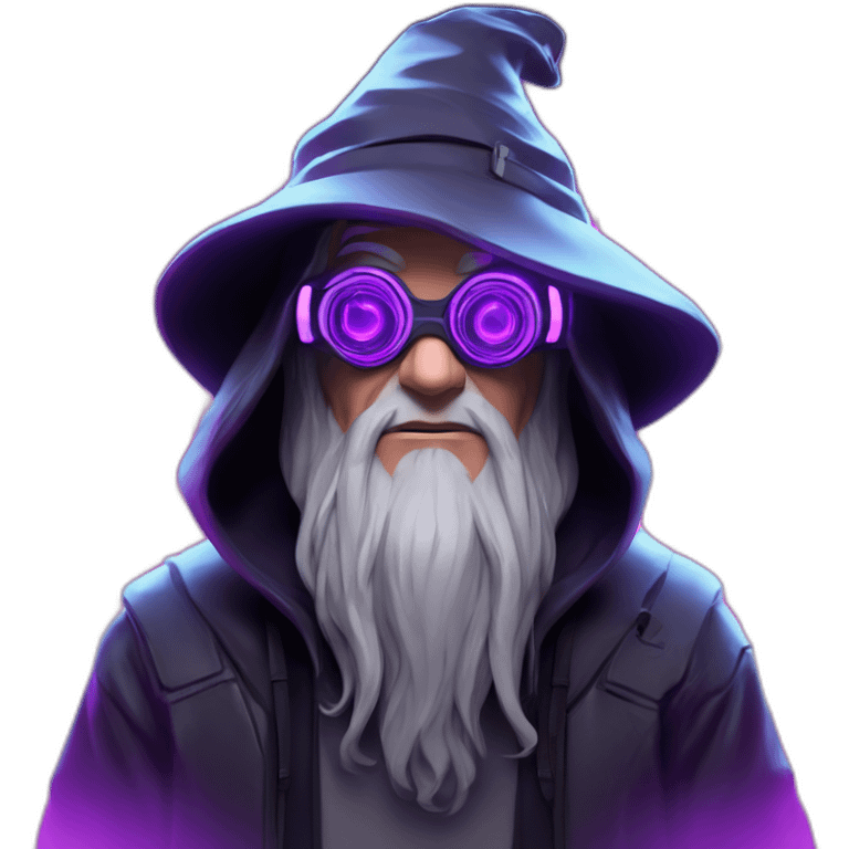 Gandalf wearing a black hoodie with "OMG" letters on it and VR headset in a cyberpunk VR environment with violet neon lighting. emoji