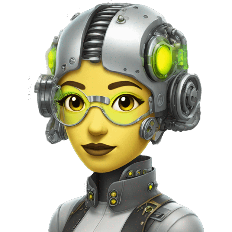 Caucasian female cyborg head with Neon yellow bobbed hair, silver steampunk goggles and circuits emoji