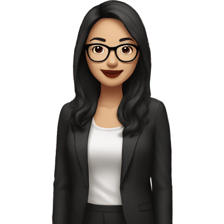 Asian smiling with teeth girl, fair skin, black long hair, black eyes, black glasses with gold frames, red lipstick, wearing a white lace tank top and a black office jacket on top, with pink and red roses around her. emoji