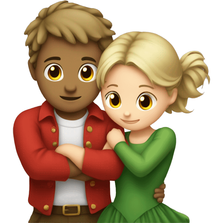 Green-dressed boy hugging red-dressed girl - so romantic  emoji