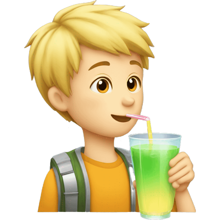 A blonde boy sucking or drinking juice with a straw while his hand is holding the drink, profile view emoji