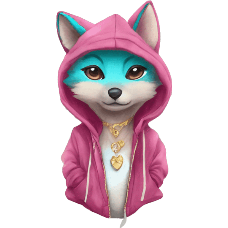 Pink magenta burgundy maroon cyan beige gray fox wearing a pink hoodie with gold jewellery gold piercings gold ear piercing gold nose piercing vintage watercolour tie dye black raven wings emoji