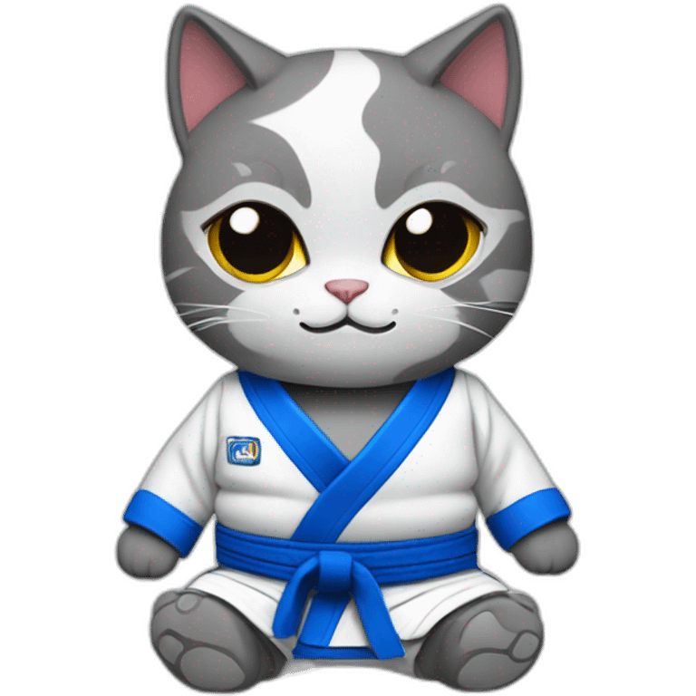 Adult cat wearing a blue Jiu-Jitsu gi with a grey belt emoji