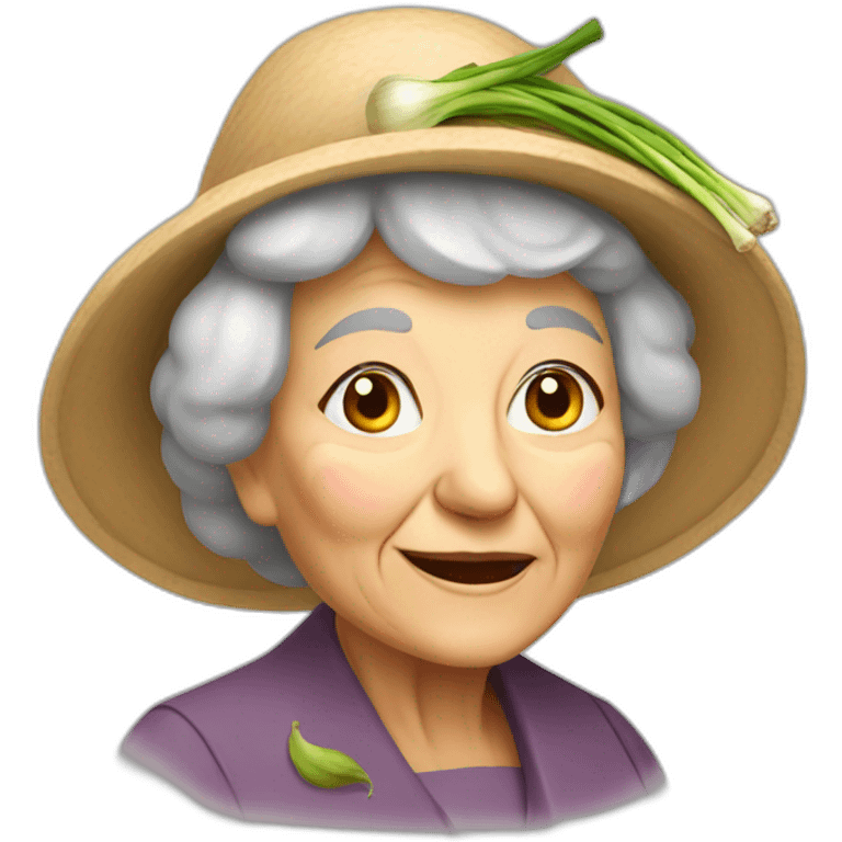 Old lady with garlic as a hat emoji