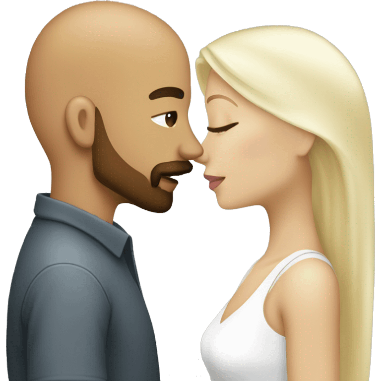 Dark tan male, bald with beard and mustache kissing a white female with long straight platinum blonde hair  emoji