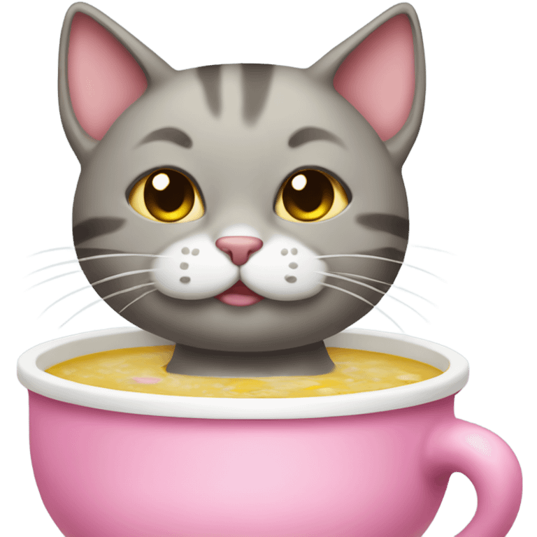 Cat eating soup wearing a pink bow on its head emoji