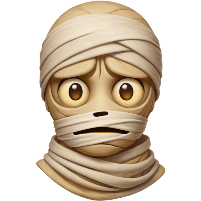 Cinematic Comical Mummy Portrait Emoji, with a humorously disheveled, oversized bandaged form in warm, faded hues, head cocked in a dramatically shocked expression with comically wide eyes peeking through the bandages, simplified yet hilariously expressive, highly detailed with a soft glowing outline that captures the absurd charm of an ancient mummy in playful astonishment! emoji