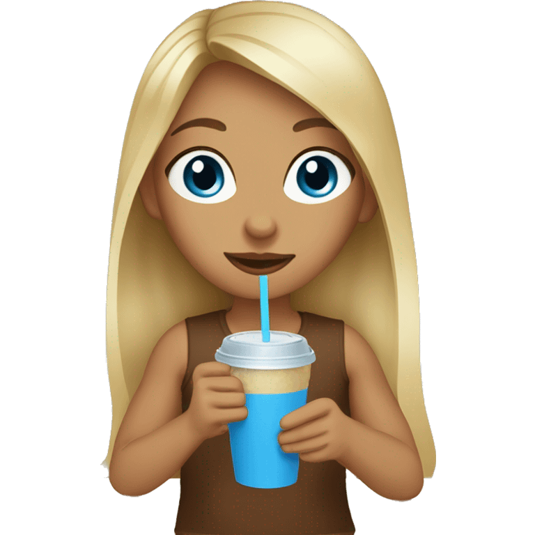 Girl with blue eyes long brown hair with blonde highlights sipping iced coffee emoji