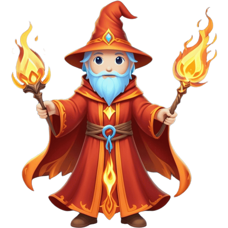 Clash of Clans aesthetic: Cinematic heroic powerful fire Wizard Hero  close up Emoji, rendered in a 3D vector-style similar to standard emojis with minimal shading and bold, simplified shapes. A compact, isometric figure draped in flowing enchanted robes and wielding a mystical staff, softly glowing with an arcane magical charm. Simplified yet unmistakably iconic, highly detailed and consistent, glowing with a soft radiant glow and high shine. Stylized with a touch of whimsical sorcery and a soft glowing outline, capturing the essence of a powerful wizard ready to cast spells with a friendly, playful spirit! emoji