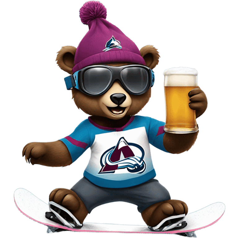 snowboarding bear wearing helmet and goggles, colorado avalanche jersey doing insane tricks while holding a beer emoji