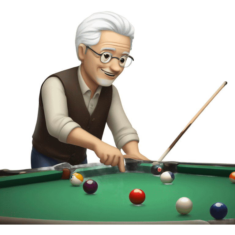 Older man with white hair playing pool with cue while drinking wine emoji