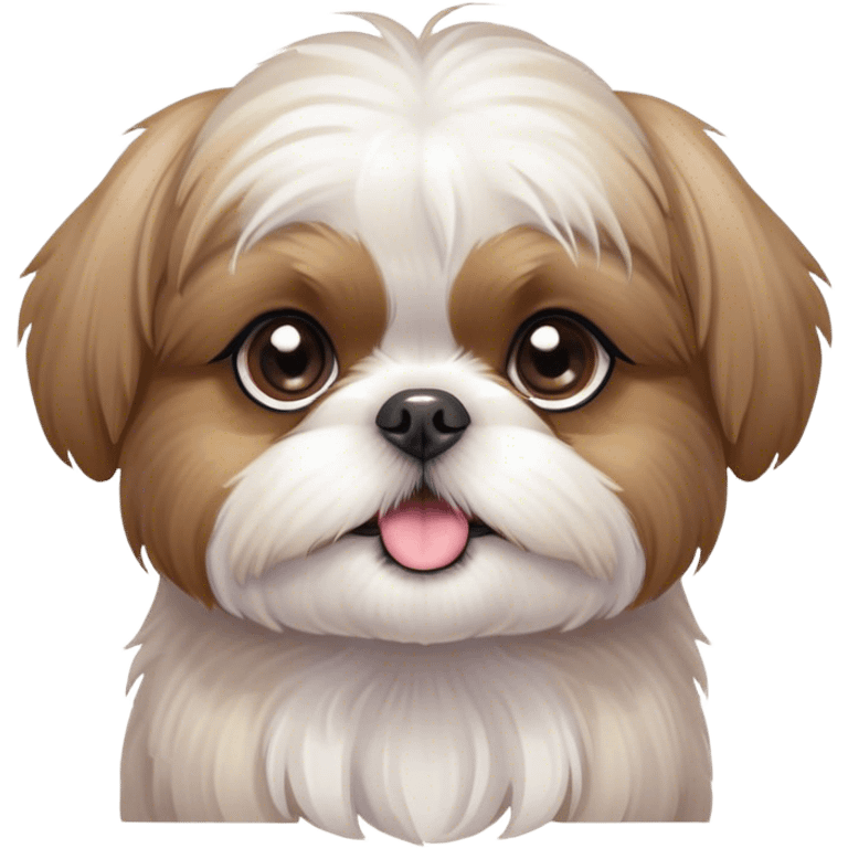 Cinematic Cute Shih Tzu Portrait Emoji, Head playfully tilted with large, sparkling eyes and a fluffy, endearing fur in gentle, pastel tones, simplified yet irresistibly charming, highly detailed, glowing with a warm, cuddly radiance, high shine, radiating affectionate and joyful energy, styled with a soft, playful outline, capturing the essence of a cute Shih Tzu that seems destined to charm everyone in its path! emoji