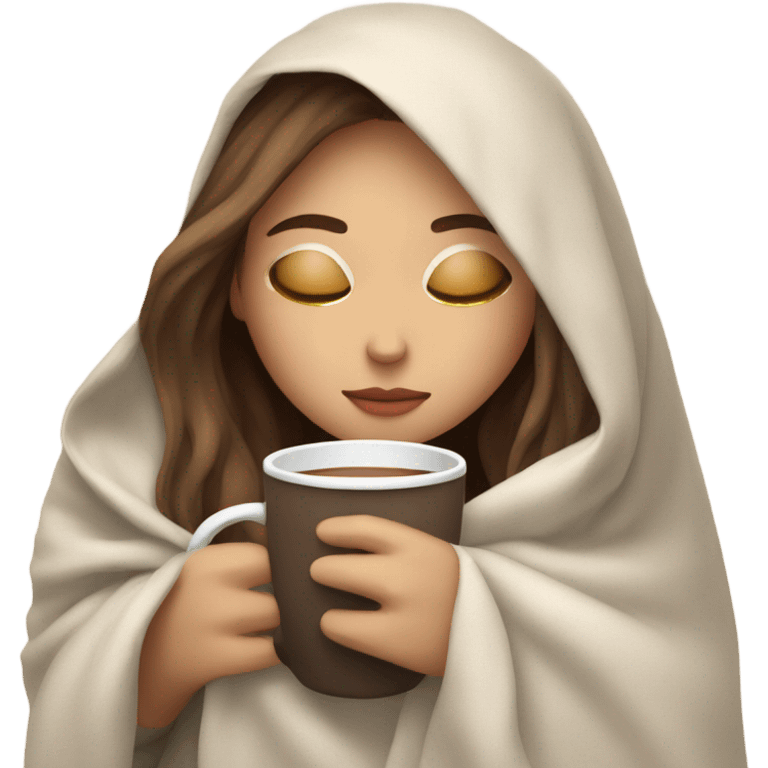 White brown hair girl inside a blanket sipping coffee eyes closed emoji