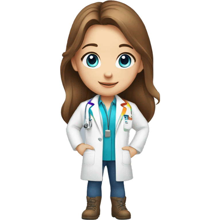 White young girl with long brown hair and blue eyes wearing a rainbow pharmacist coat emoji